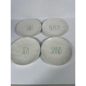 Lot Of 4 Rae Dunn Plates Beach Sand Sea Surf White With Green Blue
